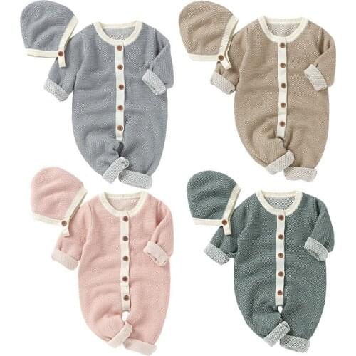 2Pcs Infant Baby Romper Sweaters 2021 Autumn Winter Boys Girls Clothes Long Sleeves Button Down Knit Jumpsuit with Hat Outfit