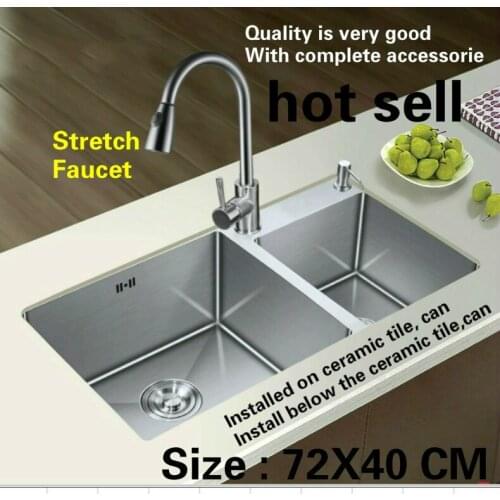 Free shipping Household standard stretch faucet vogue kitchen manual sink double groove 304 stainless steel hot sell 72X40 CM