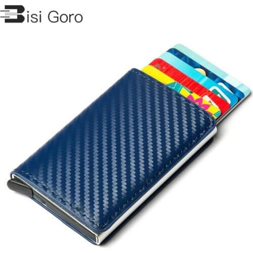 BISI GORO Vintage Smart Wallet Clutch Pop-up Carbon Fiber RFID Metal Card Holder Leather Aluminum Box Slim Thin New Money Bag