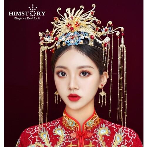 HIMSTORY Traditional Chinese Bride Headdress Costume Rockhopper Wedding Hairwear photography Hair Accessory