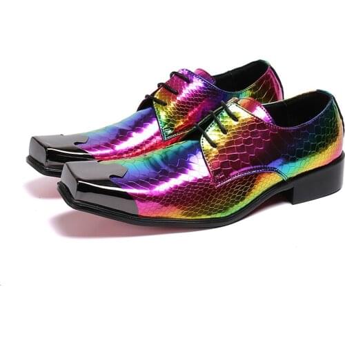 Classic Fashion Coiffeur Crocodile Dress Leather Shoes Men Square Iron Toe Colorful Shinny Oxford Lace Up Italian мужская обувь