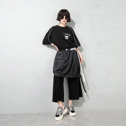 OddDellaRobbia Summer Fashion Personality Streetwear Stitching Wide-Leg Pants Elastic Waist Casual Pants 7-Point Overalls 21021