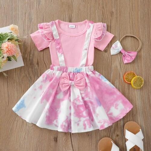 Clothing Sets Summer Girls 3Piece Suits Cotton Solid Tops+Tie-Dye Process Suspender Skirt+Headband For a Baby 18Months To 6Years