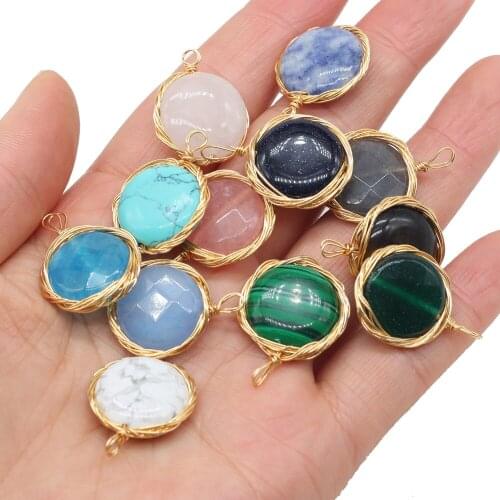 Fashion Natural Stone Rose Pink Quartz Pendant Round Copper Wire Winding Charms for Jewelry Making DIY Necklace Earring 20x25mm