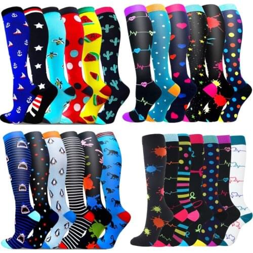 Compression Socks Men Women Nursing Marathon Cycling Sports Stocking Geometric Patterns Anti Fatigue Pain Relief Knee High Socks