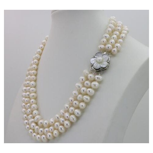 3 Row 7-8mm White Freshwater Pearl Necklace Chain Floral Buttons Jewelery Women Girl Banquet 17-19 Inch