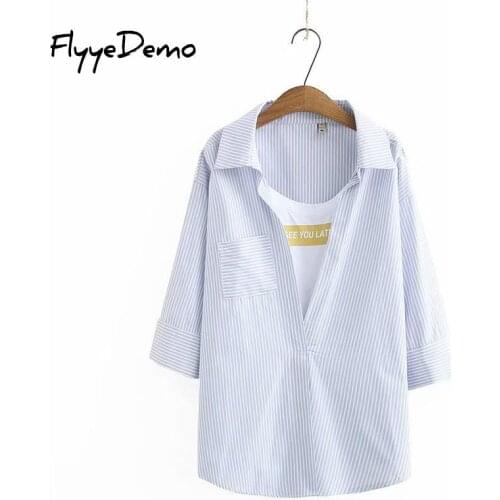 Fake 2 Pieces Blue White Striped Shirts Letter Printed Women Turn Down Neck Plus Size Patchwork Tops And Blouses Office Lady