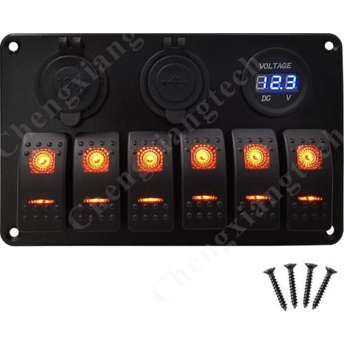 Pre-Wired Aluminum 6 Gang Orange Led Rocker Switch Panel + Blue Led Dual USB Voltmeter Power Cigarette Lighter Sockets Car Boat