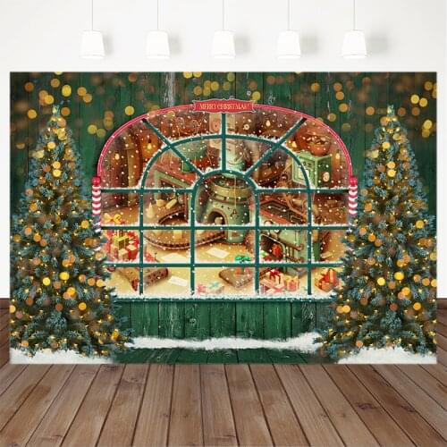 Merry Christmas Photography Background X-mas Tree Green Windows Golden Bokeh Backdrop Decoration Props Banner For Photo Studio