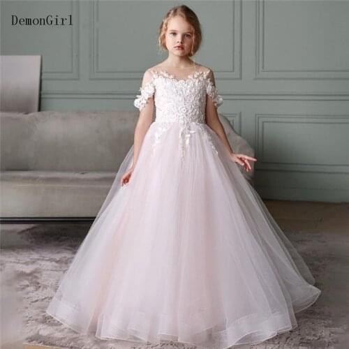 Light Pink Flower Girl Dress for Wedding Applique Lace Sheer Neck Little Princess Cute First Communion Dress