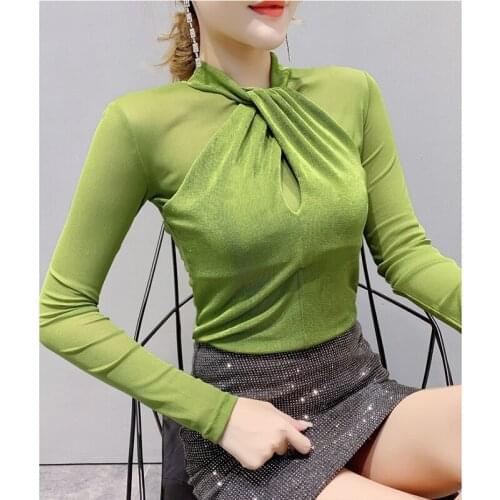 Autumn Spring Lace Elastic Green Black Sexy Women Blouse Female Hollow Out Tops Puls Size Ladies Elegant Bodycon Mesh Blouse