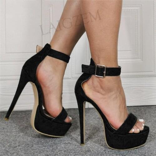 BERZIMER Women Sandals Open Toe Black Suede Stiletto Heels Ankle Strap Pumps Prom Cosplay Shoes Woman Large Size 39 45 47 50 52