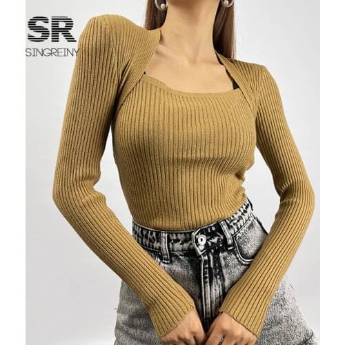 SINGREINY Women Design Knitted Pullovers Elastic Slim Long Sleeve Basic Knit Top Autumn Winter Fashion Korean Streetwear Sweater