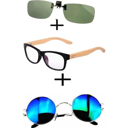 3Pcs!!! Comfortable Wooden Squared Frame Reading Glasses for Men Women + Alloy Polarized Sunglasses Round + Sunglasses Clip