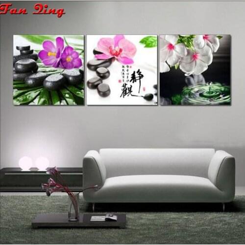 5D Diy Square Diamond Painting orchid cross-stitch Kits Mosaic Painting Black Spa Zen Stone 3 pcs Pictures Embroidery art