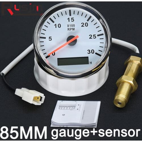 85mm Tachometer + Sensor Diesel Engine RPM Gauge REV Counter 3000/4000 RPM With Digital Hourmeter Red Backlight Boat Motorcycle