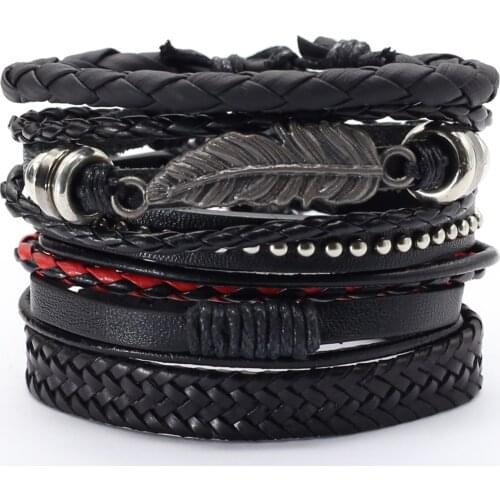 Feather Taichi Leaf Men Bracelets 5pcs/set Wristband Fashion Rope Wrap Cuff Bangle Leather Bracelets Women Jewelry Accessories
