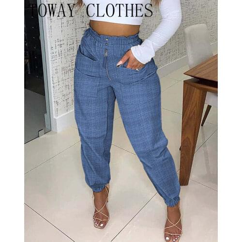 Zipper Button Pocket Design Shirring Detail Denim Pants Spring Summer Casual Women Solid Cargo Trousers