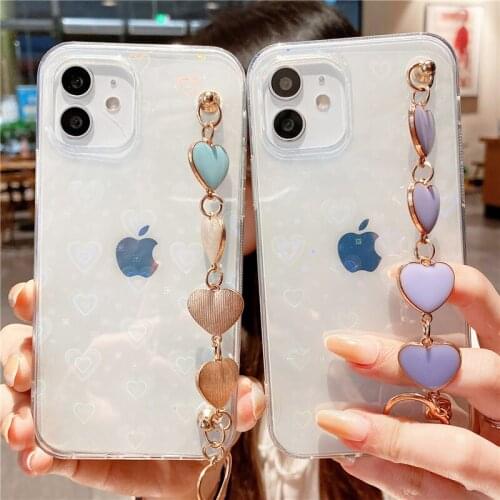 Laser Love Heart Wrist Chain Phone Case For iPhone 12 11 Pro Max XR XS Max X 7 8 Plus 12 Pro Clear Bracelet Glitter Back Cover