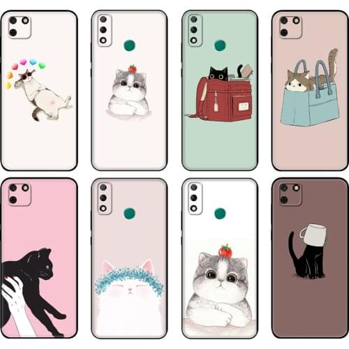 Black tpu Case For Huawei Y9S Y6S Y8S Y5P Y7P Y8P Case For Huawei Y5 lite Prime 2018 Y6 2019 Cover Cute cartoon pet cat