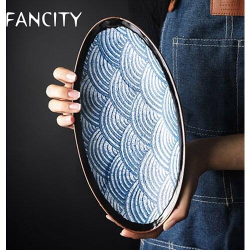 FANCITY Hand-painted Japanese Oval Small Steamed Fish Plate Household Ceramic Long Plate Vegetable Plate Fruit Plate Shallow