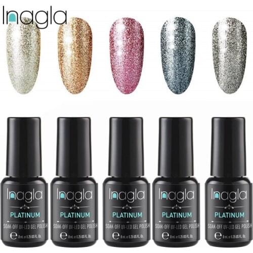 Inagla Nail Art 8ml Shining Glitter UV Gel Nail Polish Long Lasting Lacquer Nail Art Soak off Platinum UV LED Gel Nail Polish