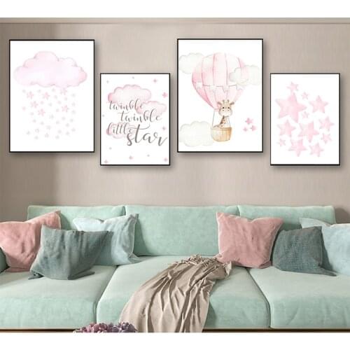Painting Nordic Kid Child Bedroom Decoration Picture Baby Nursery Girl Wall Art Canvas Poster Pink Balloon Animal Travel Print