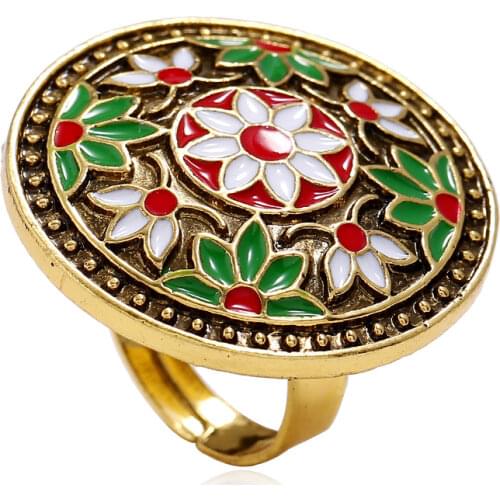 New Personality Exaggerated Enameling Flower Pattern Vintage Bohemian Adjustable Rings for Women Girls Fashion Jewely