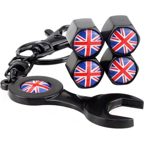 Car Tire Valve Stems Caps Wheel With Mini Wrench Keychain For Union Jack Logo For BMW Benz Ford Fiesta Peugeot 308 Audi A3 RS4