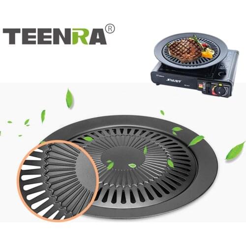 TEENRA 1Pcs Barbecue Plate Round Iron BBQ Grill Plate Smokeless Non-Stick Gas Stove Plate BBQ Roasting Cooking Tool Sets