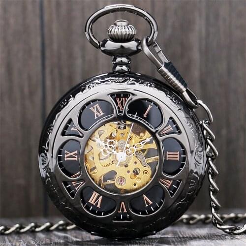 Retro Hollow Pumpkin Flower Mechanical Pocket Watch Vintage Pendant Clock Male Roman Numerals Display Hand Winding Timepiece