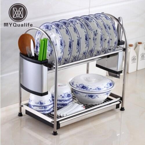 Multi-functions Double Layer Desktop Kitchen Storage Rack Kitchen Tools Holder Dish Rack Stainless Steel