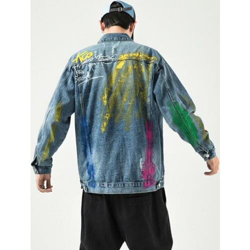 Men Graffiti Print Denim Coat Hip Hop Loose Casual Jacket Single Breasted Frayed Letter Print Cowboy Jacket Male Plus Size 5XL