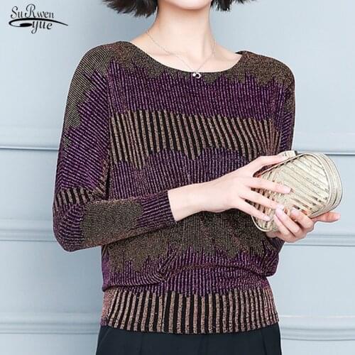 2021 Fashion New Elegant Knitted Blouse Tunic Red Golden Shine Women Shirts Plus Size Glitter Tops Women Clothing Blusas 15772