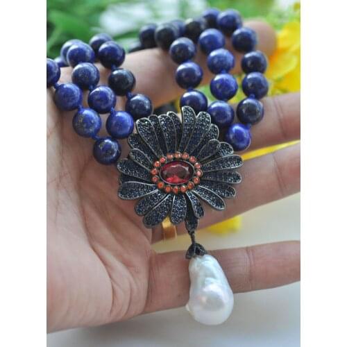 S2389 3row Round lapis lazuli White keshi Pearl Necklace Heronsbill CZ