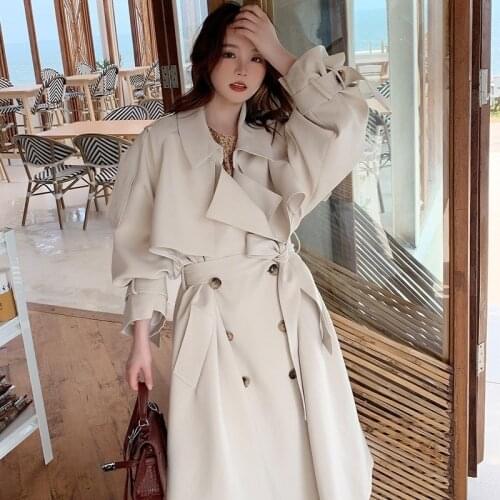 High Quality Mid-length Beige Trench Coat Plus Sashes Women Casual Vintage Loose Lapel Long Sleeve Windbreaker Female Autumn New