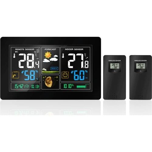 2 Outdoor Sensor Weather Station With Wireless Temperature Humidity Display Weather Forecast RCC Snooze Alarm Clock Colorful LCD