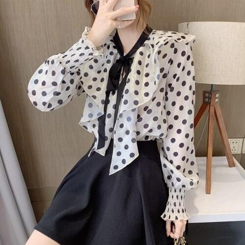 Design sense led lotus leaf chiffon shirt lantern sleeve western style retro polka dot niche shirt female