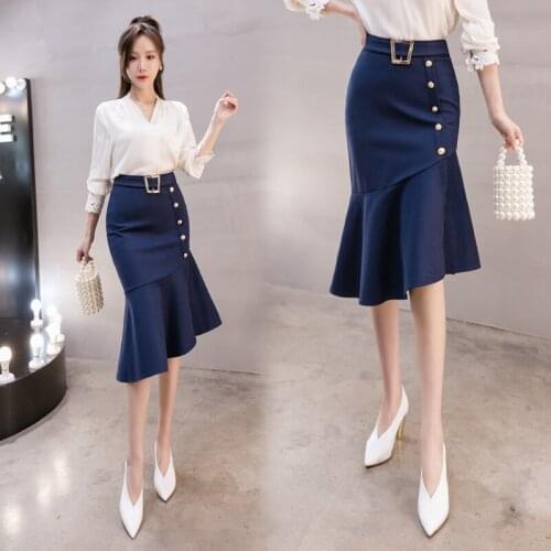 2021 Women Formal High Waist Black Skirt Button Decorative Irregular Fishtail Women Clothes Office Work Wear Red Skirts