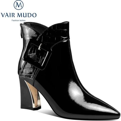 VAIR MUDO Women Ankle Modern Boots Shoes HIgh Heels White Black Patent Leather Concise Boots Women Shoes Pointed Toe WM-X190-C
