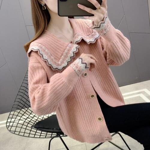 Women Cardigan 2021 Autumn Winer Long Sleeve Single Breasted Button Up Knitted Coat Geometric Knitted Jumper Lapel Pullovers