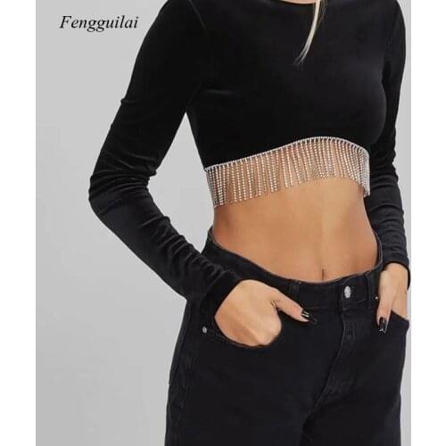2021 Omen Clothing Sexy Front Beaded Tassel Decoration Dew Back Femme T-Shirts Lady Long Sleeve Short Tops