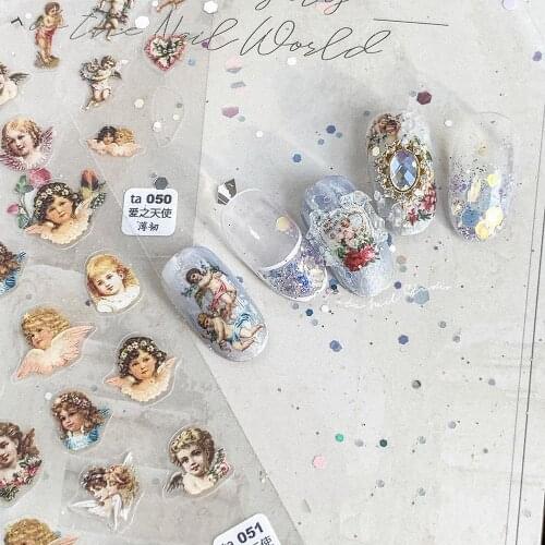 1 Pc Nail Art Stickers Retro Color Angel Trendy Boho Style Nail Decals Flowers Classic Pattern Relief Design Nail Decoration