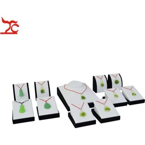 11Pcs Wooden Jewelry Display Stand White Faux Leather Bust Neck Form Stand Necklace Earring Exhibition Holder Pendant Stand Set
