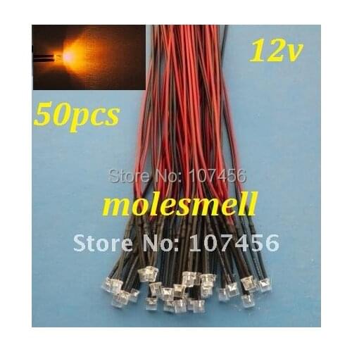 Free shipping 50pcs 5mm Flat Top orange LED Lamp Light Set Pre-Wired 5mm 12V DC Wired 5mm 12v big/wide angle orange led