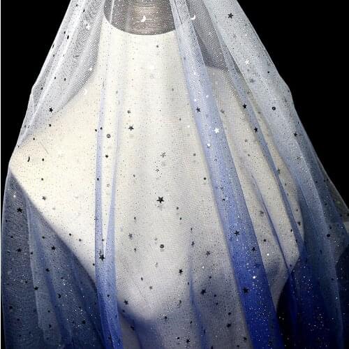 Galaxy Glitter Gradient Mesh Tulle Fabric Metallic Silver Moon Star Sequin For Dress,Wedding Gowns,Decor Blue Black by the meter