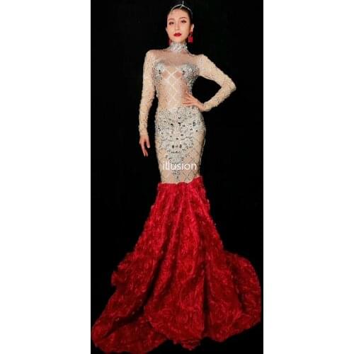 Sparkly Crystals Sweater Long Dress Women Birthday Costume Prom Celebrate Red Rose Tail Dresses Evening Party Rhinestone Outfit