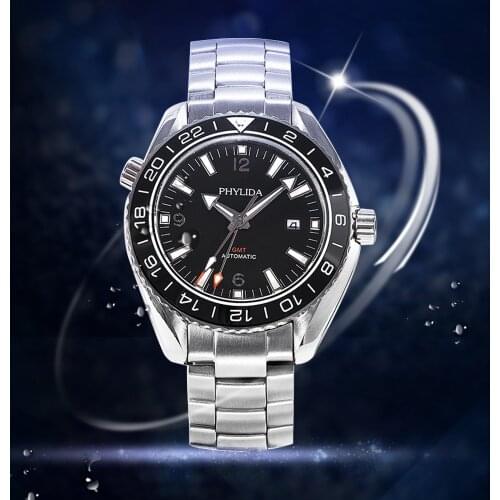 PHYLIDA 3bar Black Male Gmt Double-Time Automatic Orologio Uomo Watch Waterproof Sapphire Crystal Blue Ceramic Gift for Man