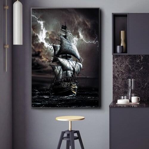Black Sailboat Vintage Canvas Paintings Pirate Ship At Sea Posters and Prints Wall Art Pictures for Living Room Home Decoration