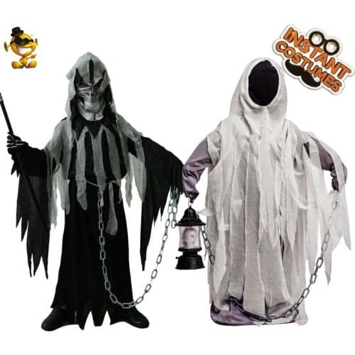 Children Ghost Costume Hooded Black Robe For Boys Grim Reaper Cosplay Outfits Halloween Horror Costumes